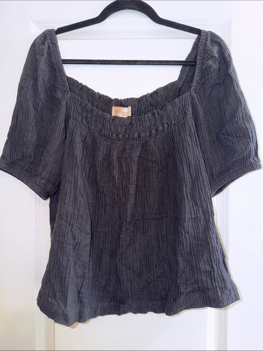 Philosophy Black Crinkled Square Neck Puff Sleeve Top